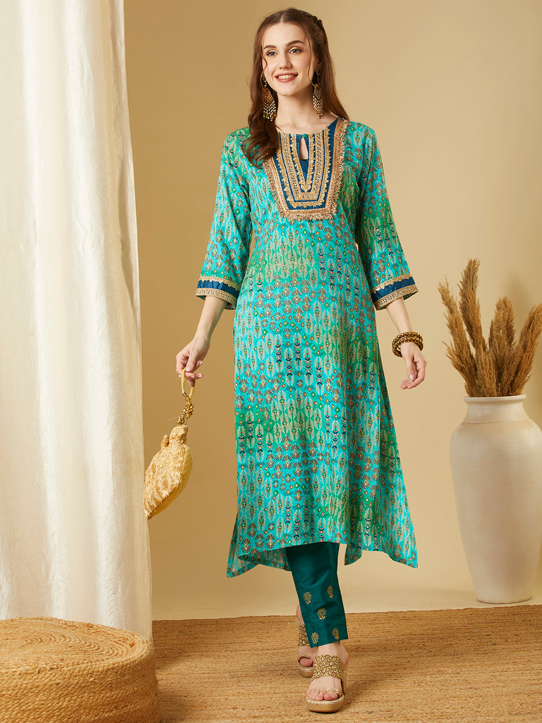 Ethnic Foil Printed & Embroidered A-Line High Low Kurta - Sea Green