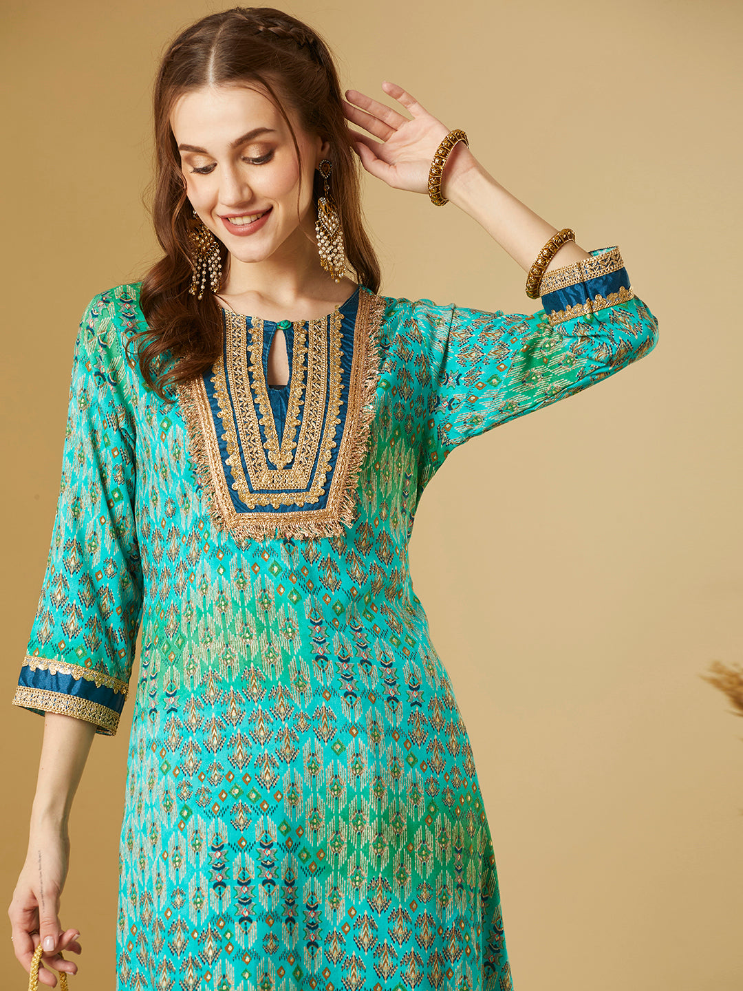 Ethnic Foil Printed & Embroidered A-Line High Low Kurta - Sea Green