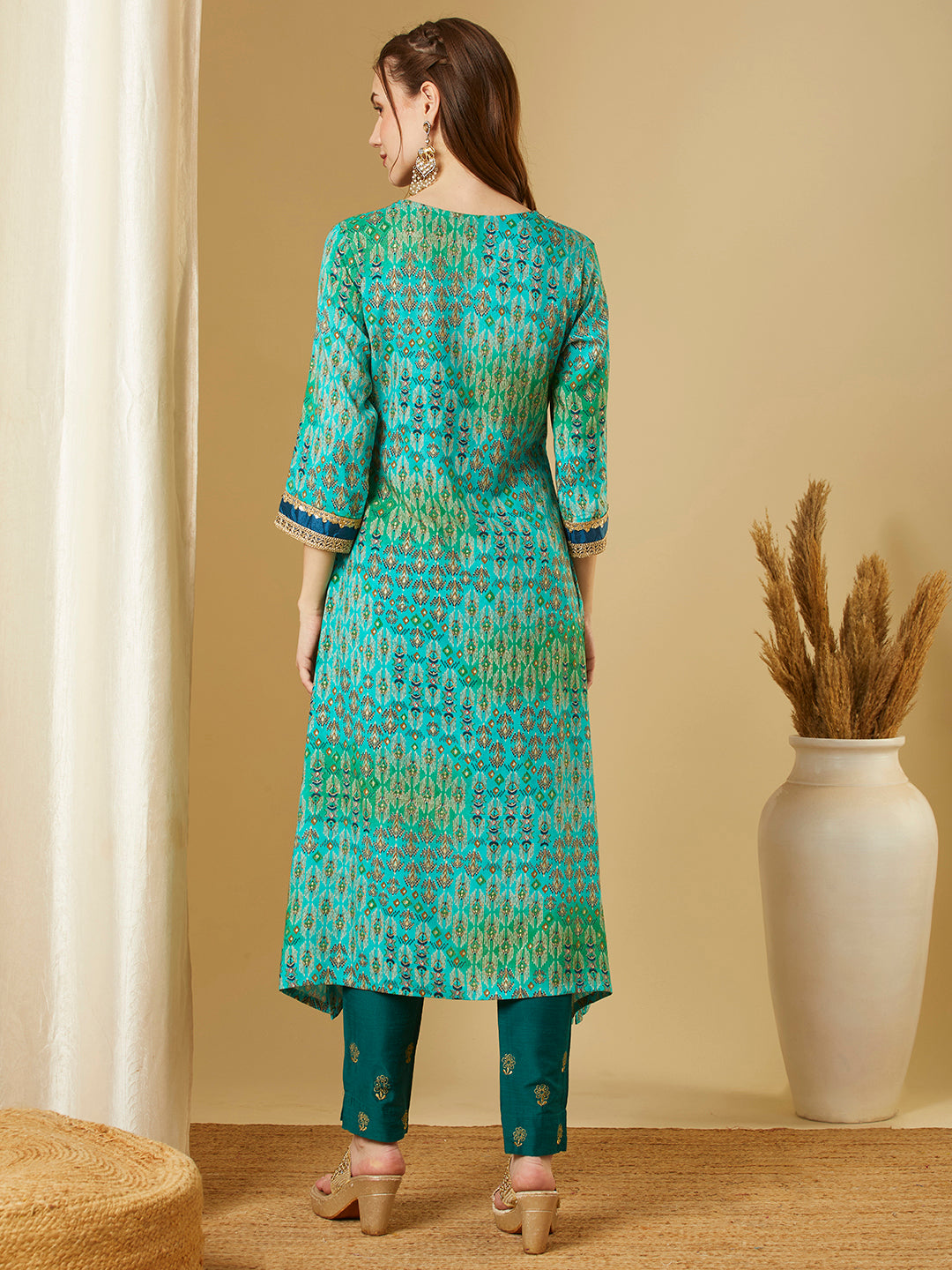 Ethnic Foil Printed & Embroidered A-Line High Low Kurta - Sea Green