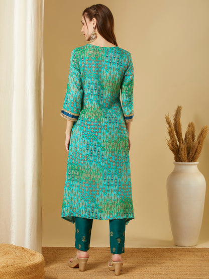 Ethnic Foil Printed & Embroidered A-Line High Low Kurta - Sea Green