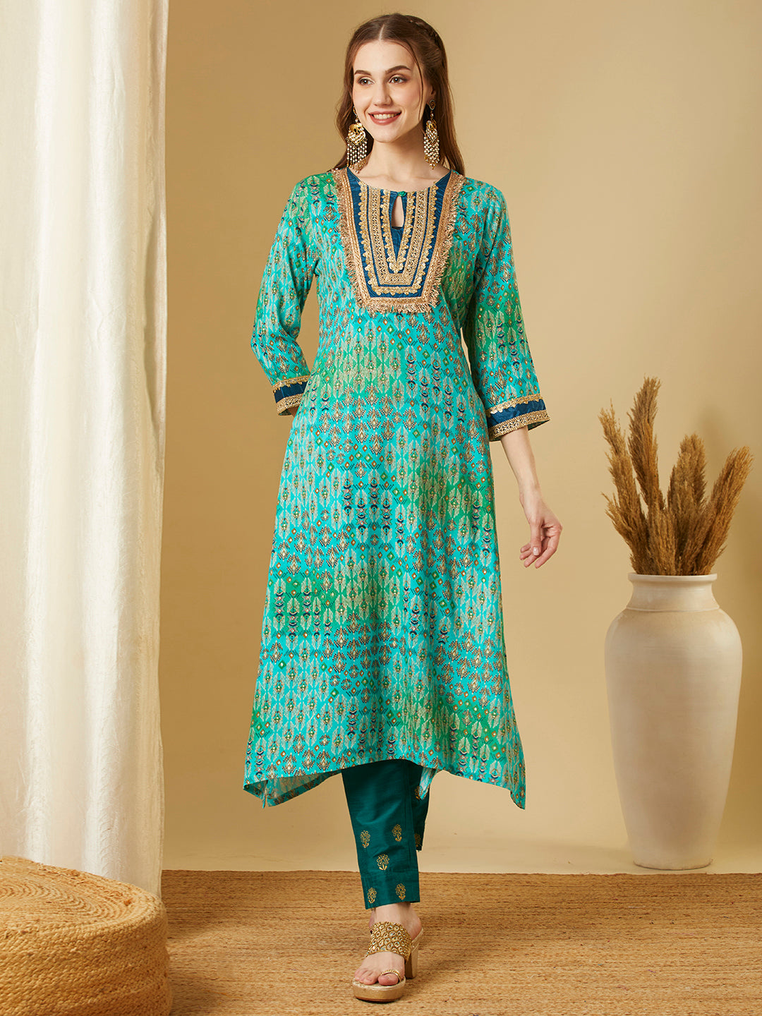 Ethnic Foil Printed & Embroidered A-Line High Low Kurta - Sea Green