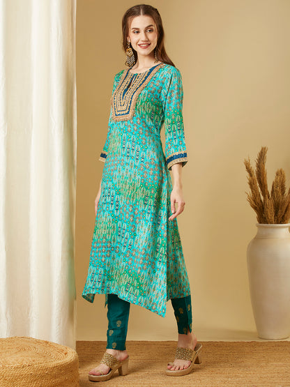 Ethnic Foil Printed & Embroidered A-Line High Low Kurta - Sea Green