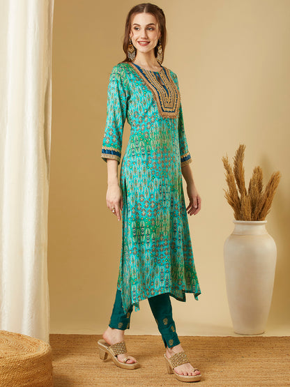 Ethnic Foil Printed & Embroidered A-Line High Low Kurta - Sea Green