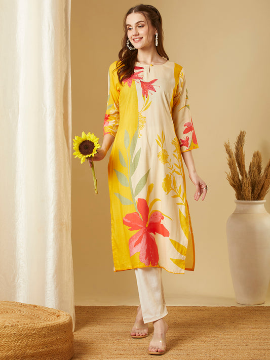 Abstract Floral Printed Straight Fit Kurta - Yellow