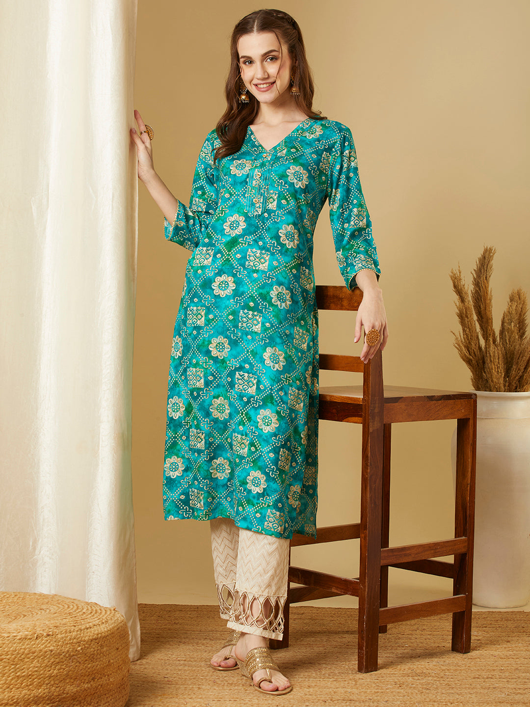 Ethnic Floral Foil Printed Straight Fit Kurta - Turquoise Blue