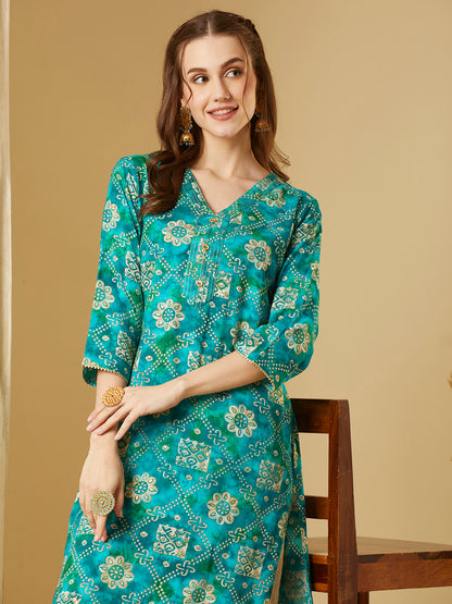 Ethnic Floral Foil Printed Straight Fit Kurta - Turquoise Blue