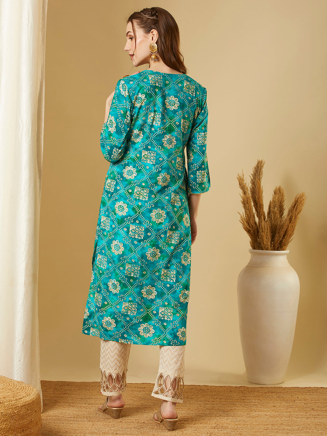 Ethnic Floral Foil Printed Straight Fit Kurta - Turquoise Blue