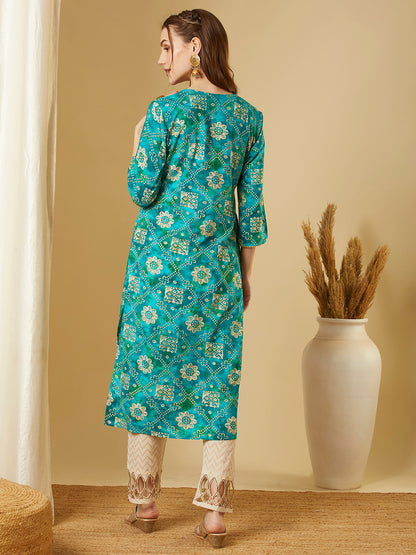 Ethnic Floral Foil Printed Straight Fit Kurta - Turquoise Blue