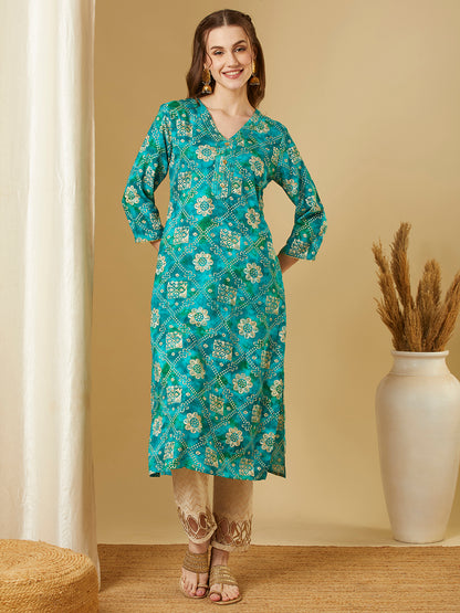 Ethnic Floral Foil Printed Straight Fit Kurta - Turquoise Blue