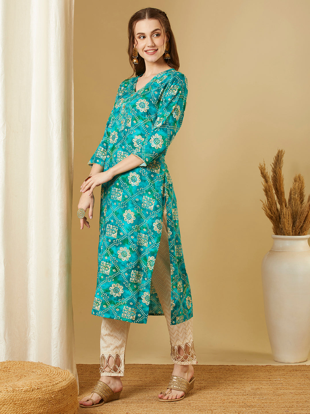 Ethnic Floral Foil Printed Straight Fit Kurta - Turquoise Blue