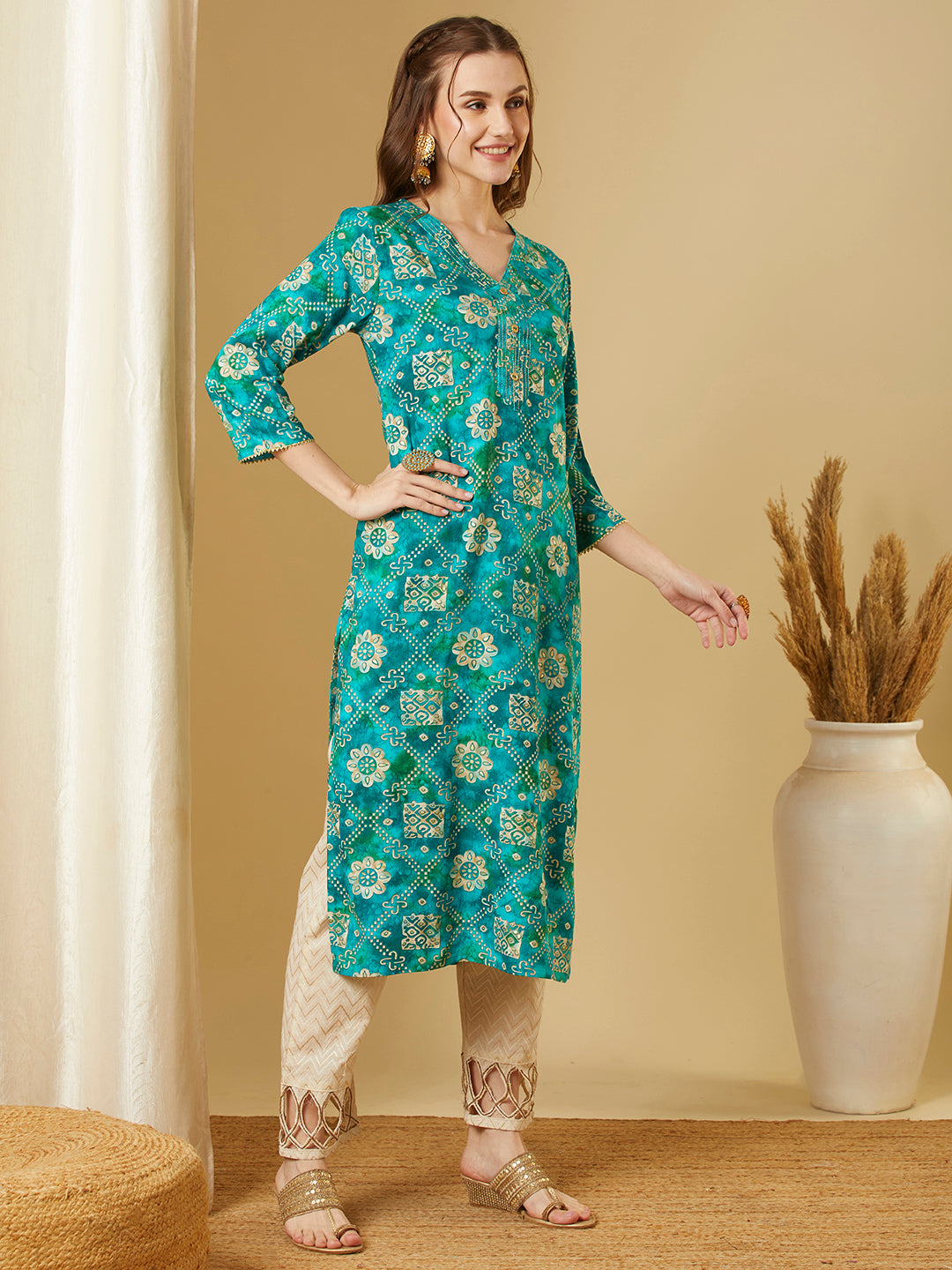 Ethnic Floral Foil Printed Straight Fit Kurta - Turquoise Blue