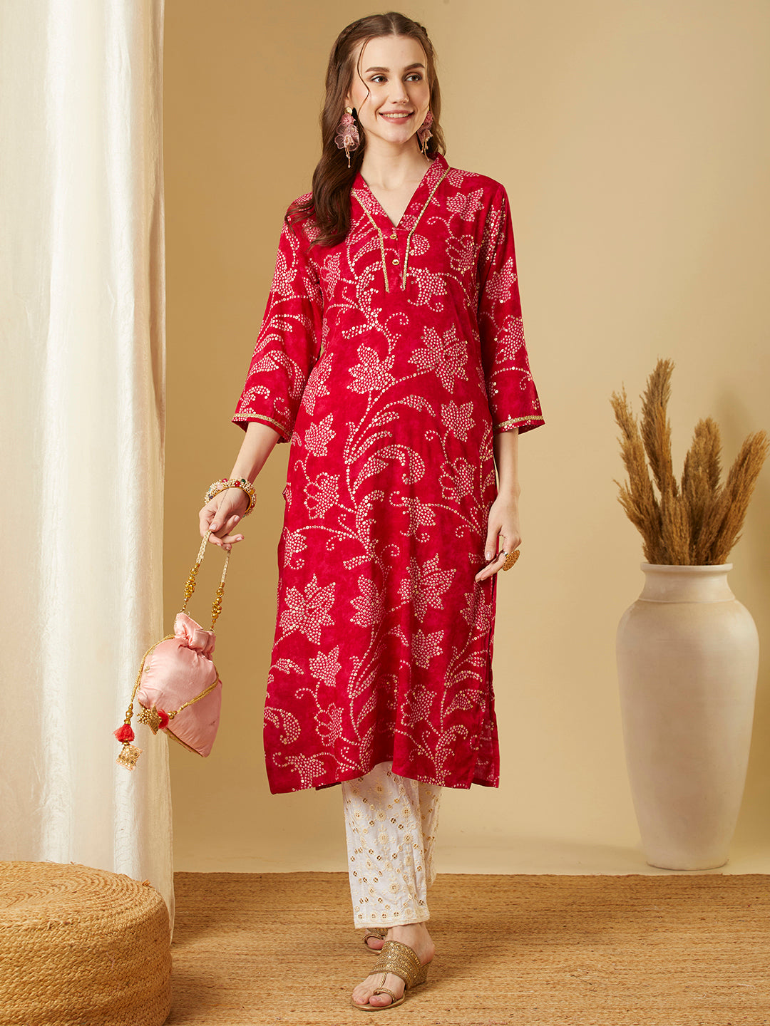 Bandhani Floral Printed Straight Fit Kurta - Pink