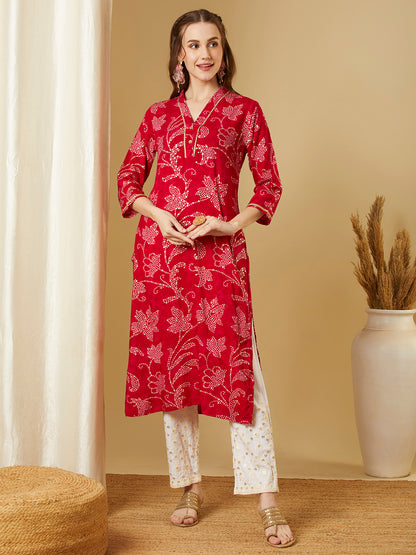 Bandhani Floral Printed Straight Fit Kurta - Pink