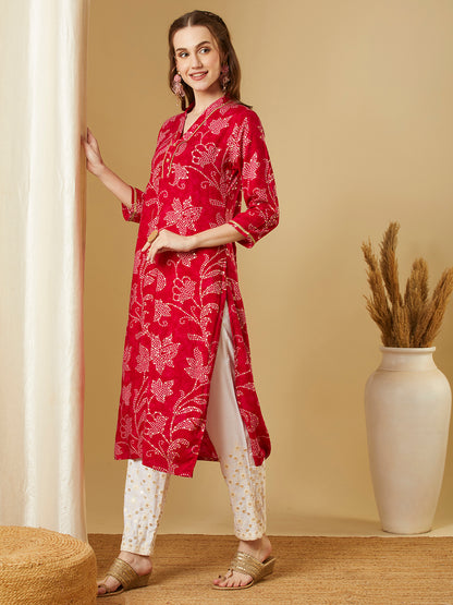 Bandhani Floral Printed Straight Fit Kurta - Pink