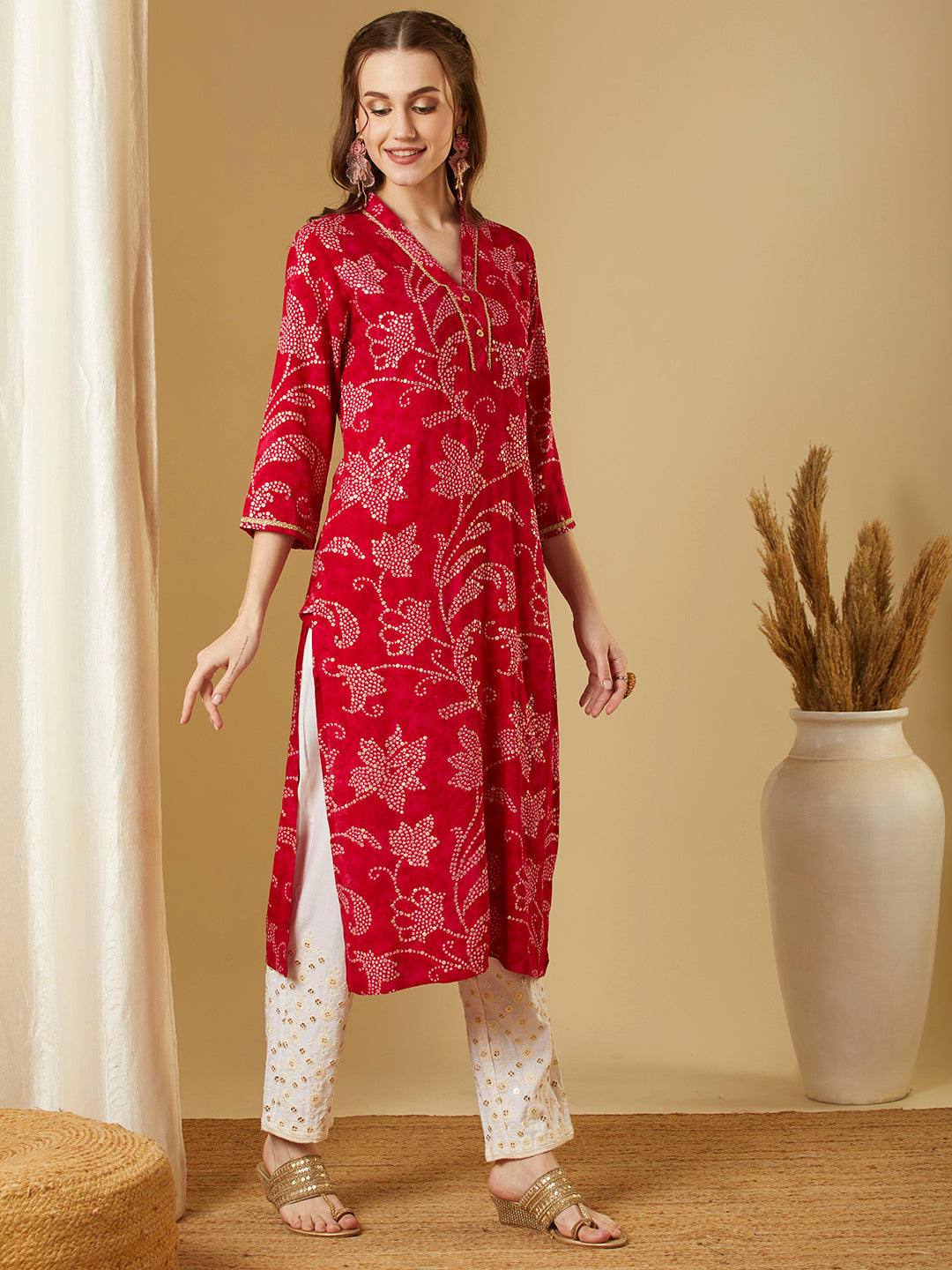 Bandhani Floral Printed Straight Fit Kurta - Pink