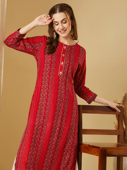 Ethnic Floral Printed Straight Fit Kurta - Red