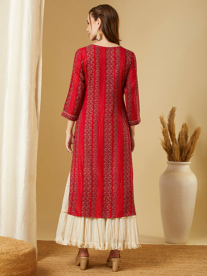 Ethnic Floral Printed Straight Fit Kurta - Red