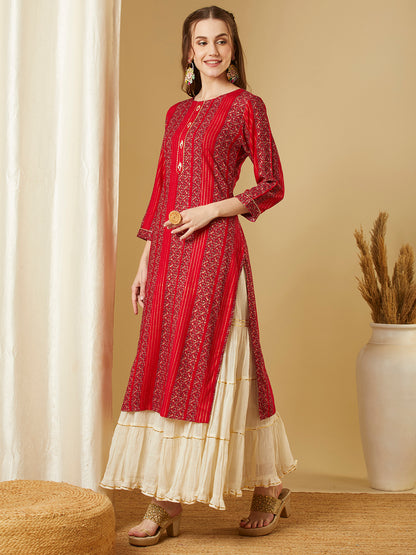 Ethnic Floral Printed Straight Fit Kurta - Red