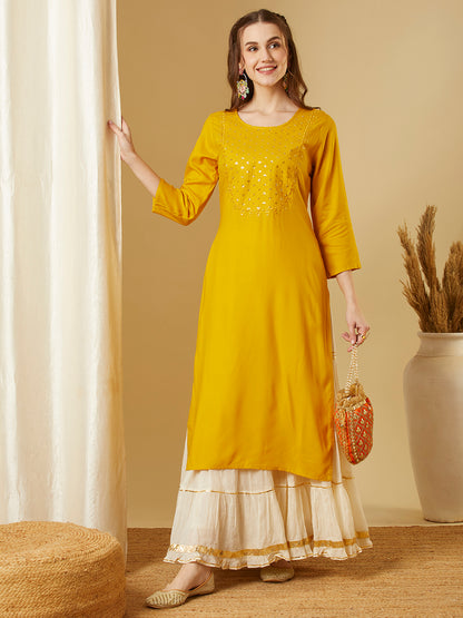 Solid Sequin Embroidered Straight Fit Kurta - Yellow