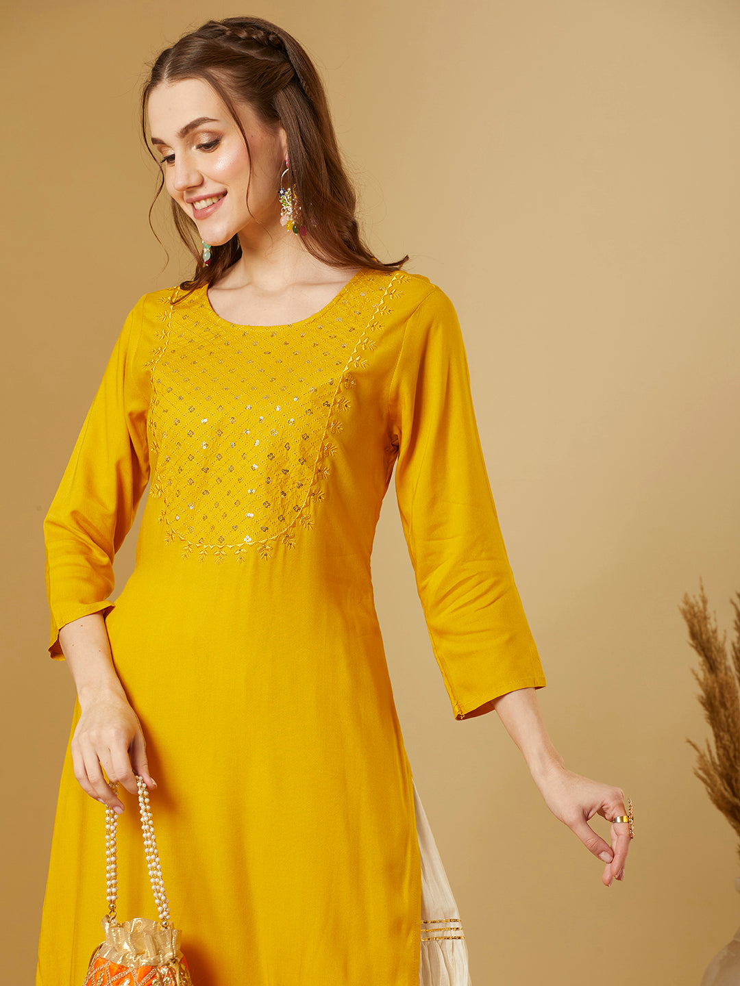 Solid Sequin Embroidered Straight Fit Kurta - Yellow