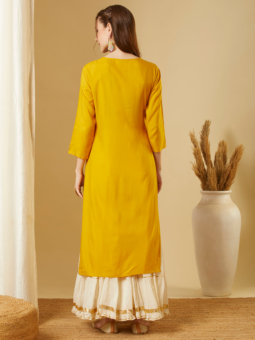 Solid Sequin Embroidered Straight Fit Kurta - Yellow