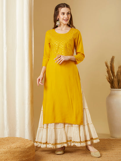 Solid Sequin Embroidered Straight Fit Kurta - Yellow