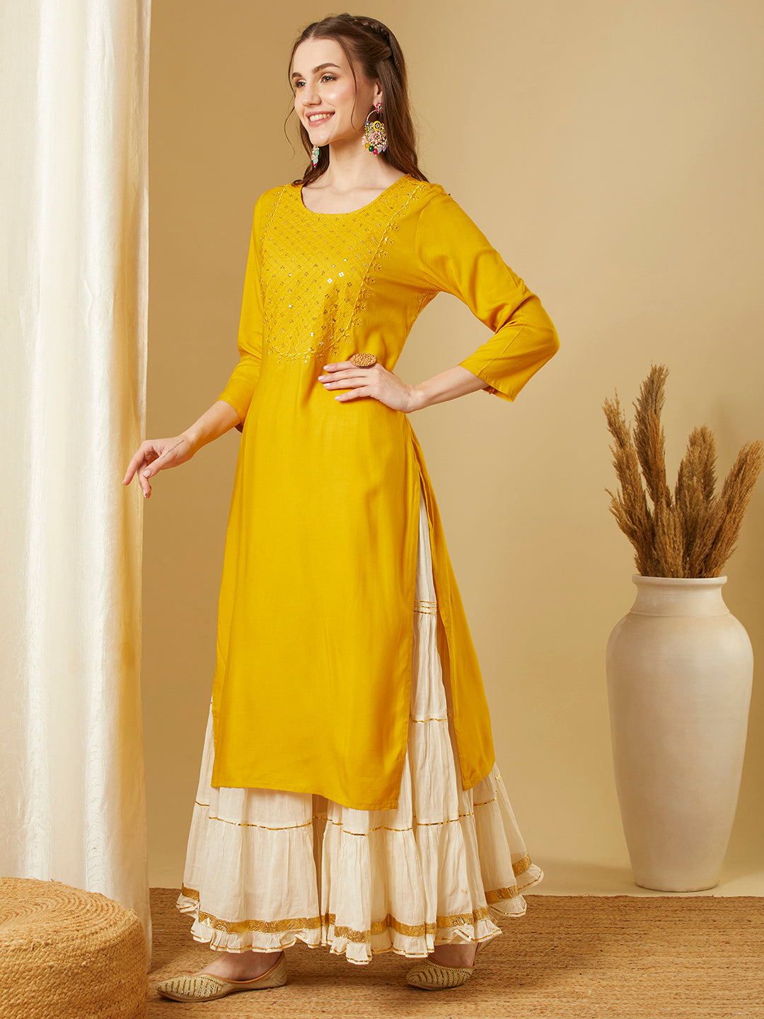 Solid Sequin Embroidered Straight Fit Kurta - Yellow