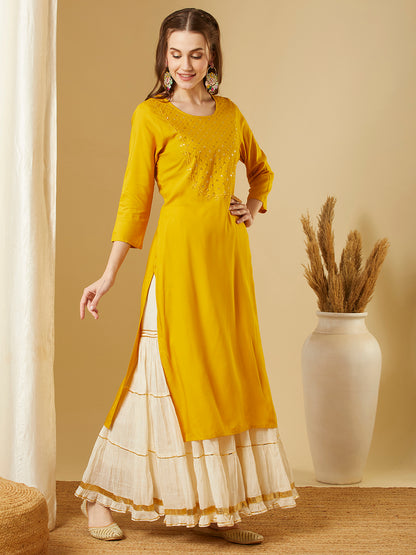 Solid Sequin Embroidered Straight Fit Kurta - Yellow