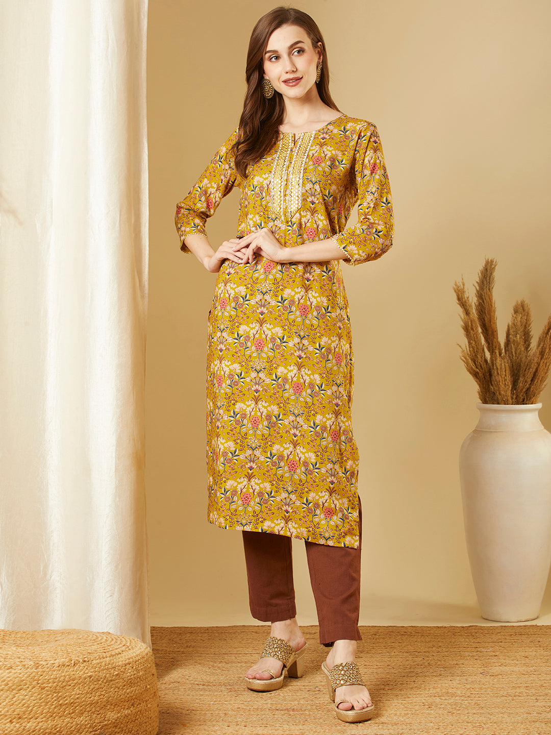 Ethnic Floral Printed & Embroidered Straight Fit Kurta - Mustard