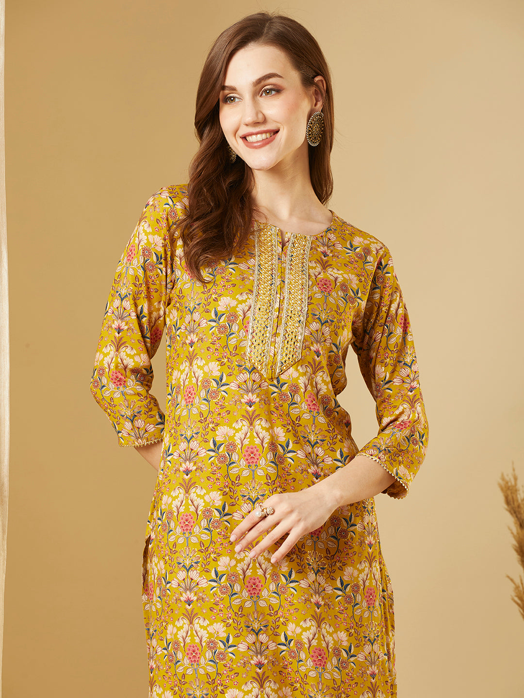 Ethnic Floral Printed & Embroidered Straight Fit Kurta - Mustard