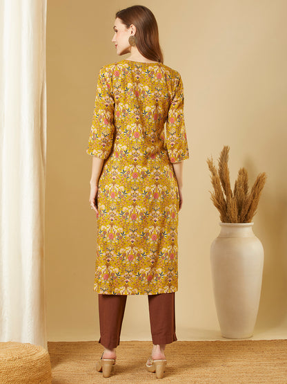 Ethnic Floral Printed & Embroidered Straight Fit Kurta - Mustard