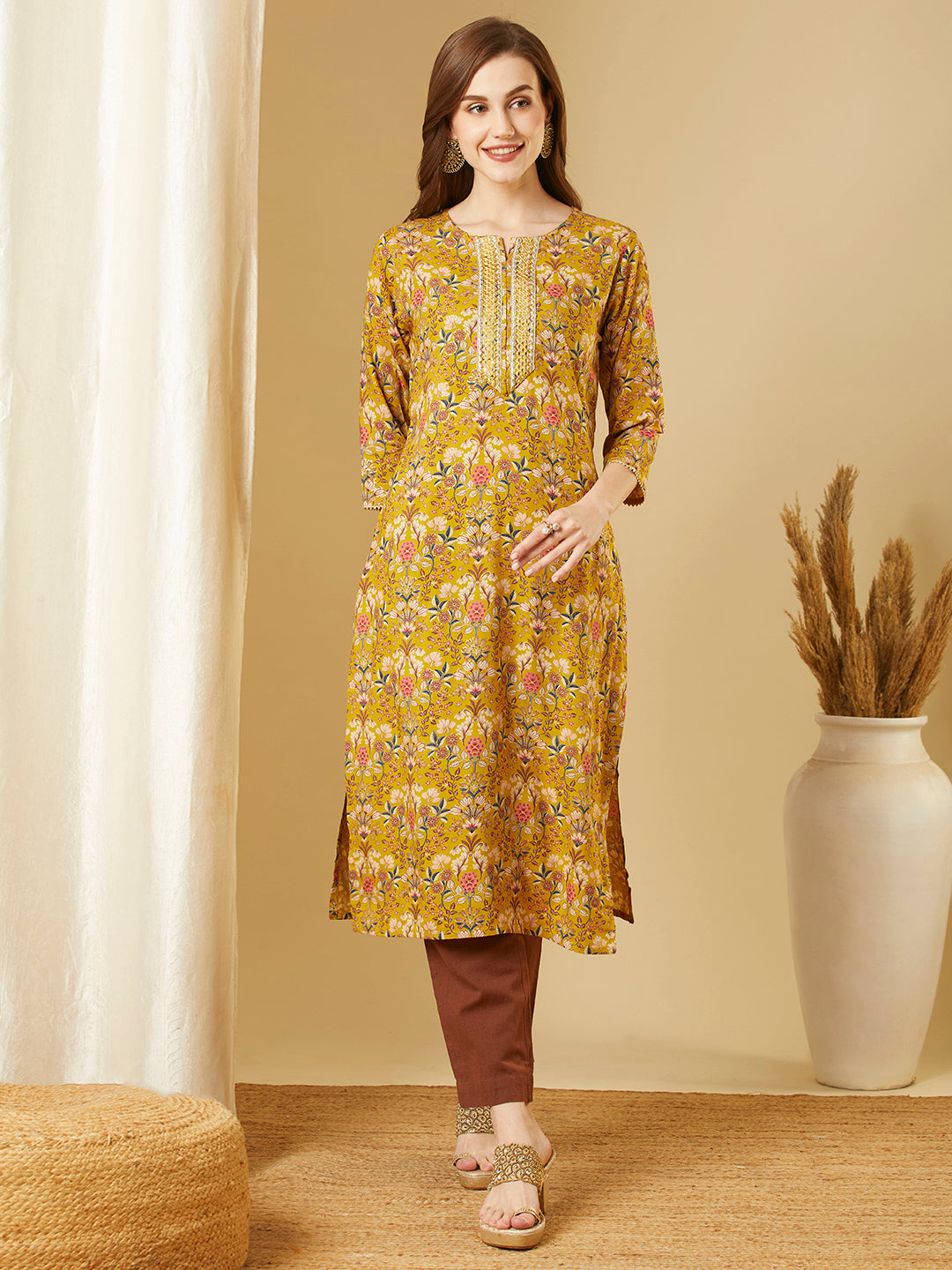 Ethnic Floral Printed & Embroidered Straight Fit Kurta - Mustard