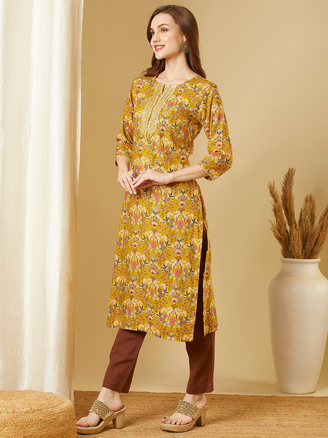 Ethnic Floral Printed & Embroidered Straight Fit Kurta - Mustard