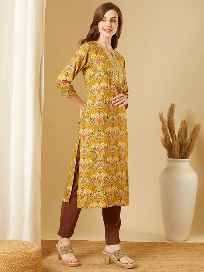 Ethnic Floral Printed & Embroidered Straight Fit Kurta - Mustard