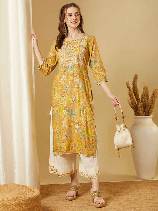 Abstract Floral Printed & Embroidered Straight Fit Kurta - Yellow