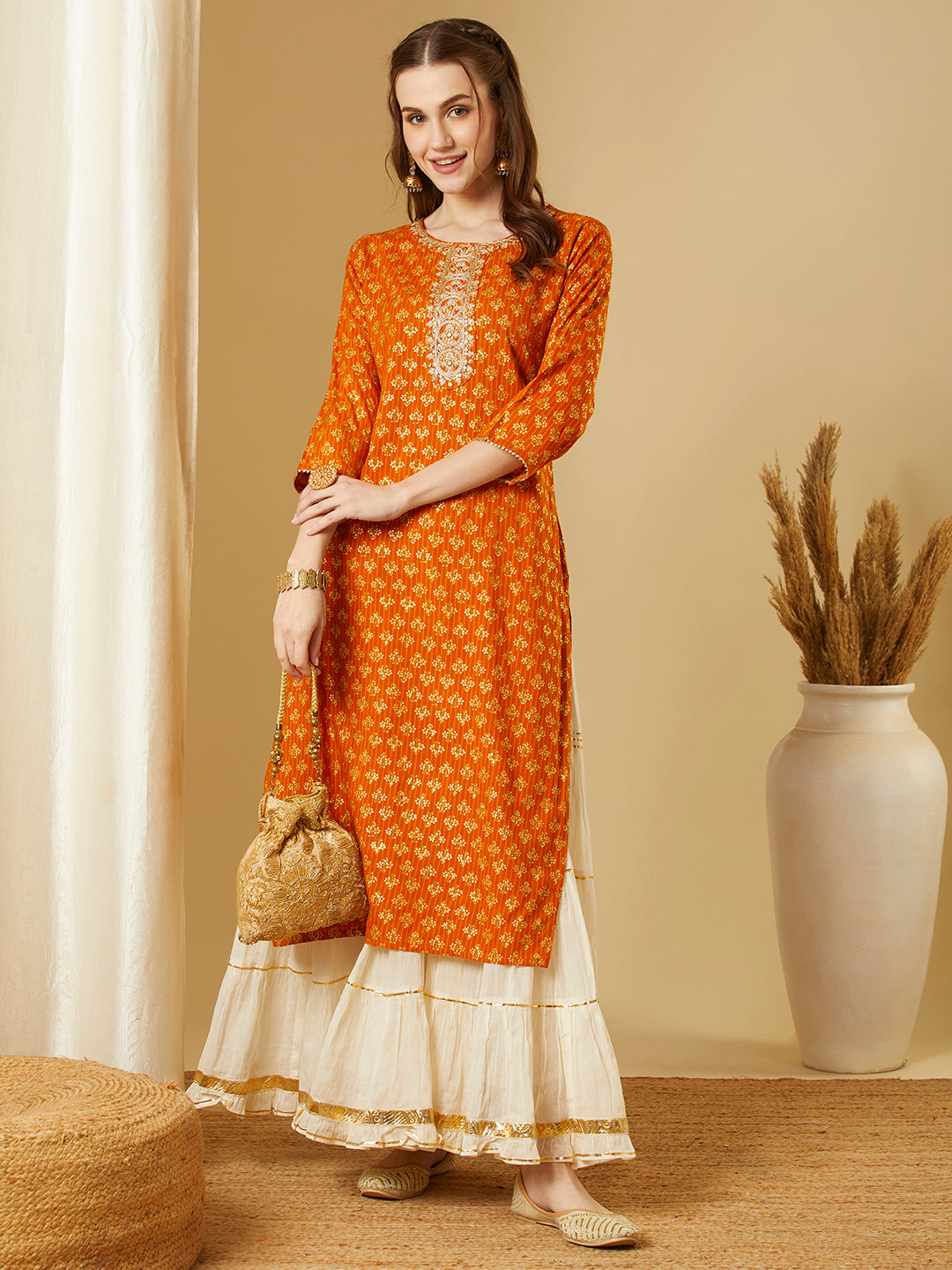 Ethnic Floral Foil Printed & Embroidered Straight Fit Kurta - Mustard