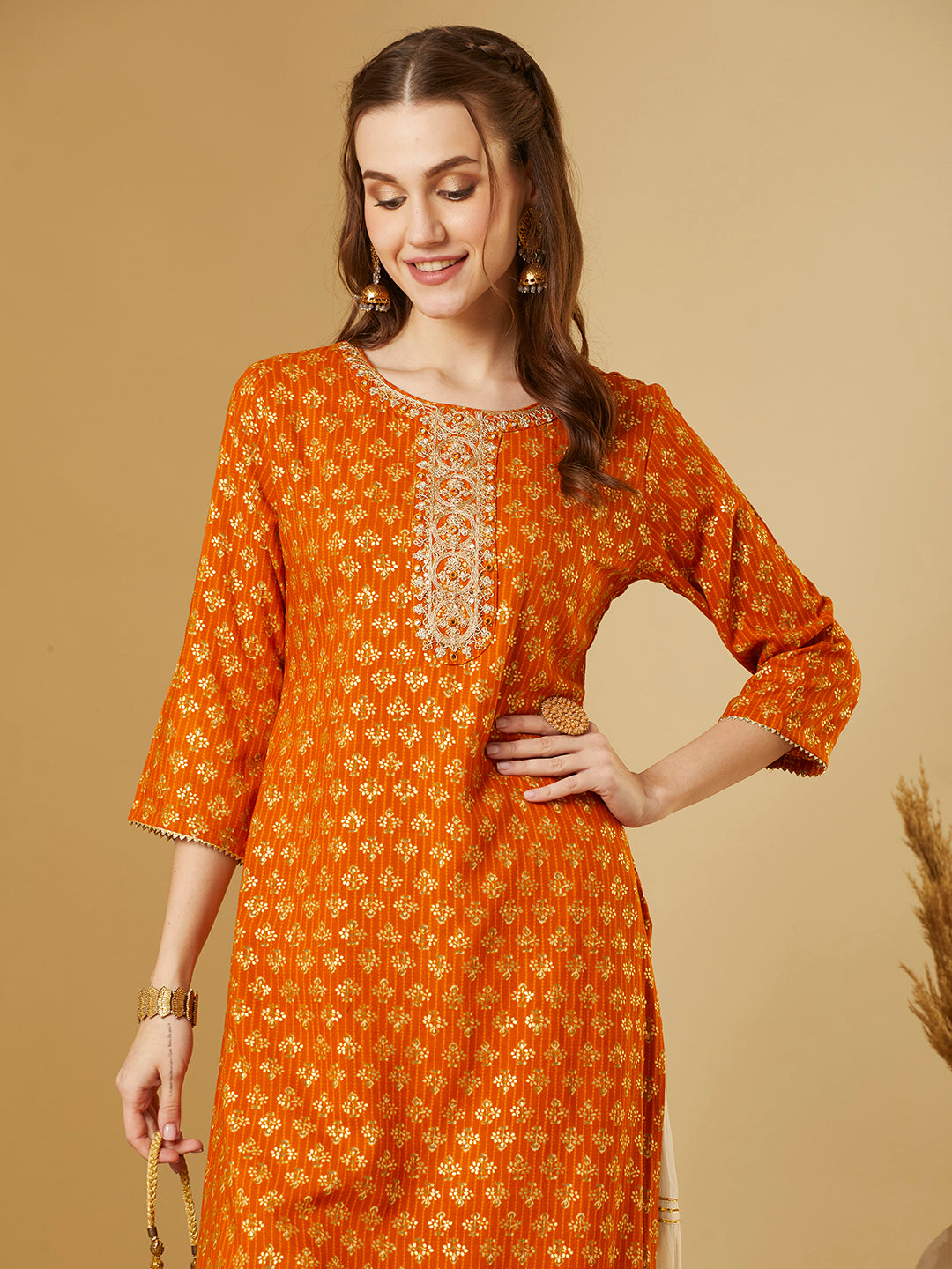 Ethnic Floral Foil Printed & Embroidered Straight Fit Kurta - Mustard