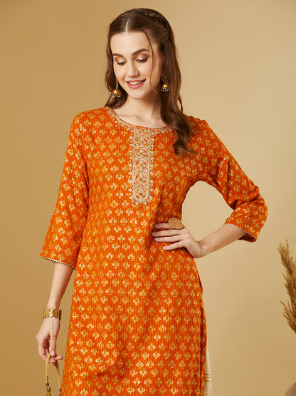 Ethnic Floral Foil Printed & Embroidered Straight Fit Kurta - Mustard