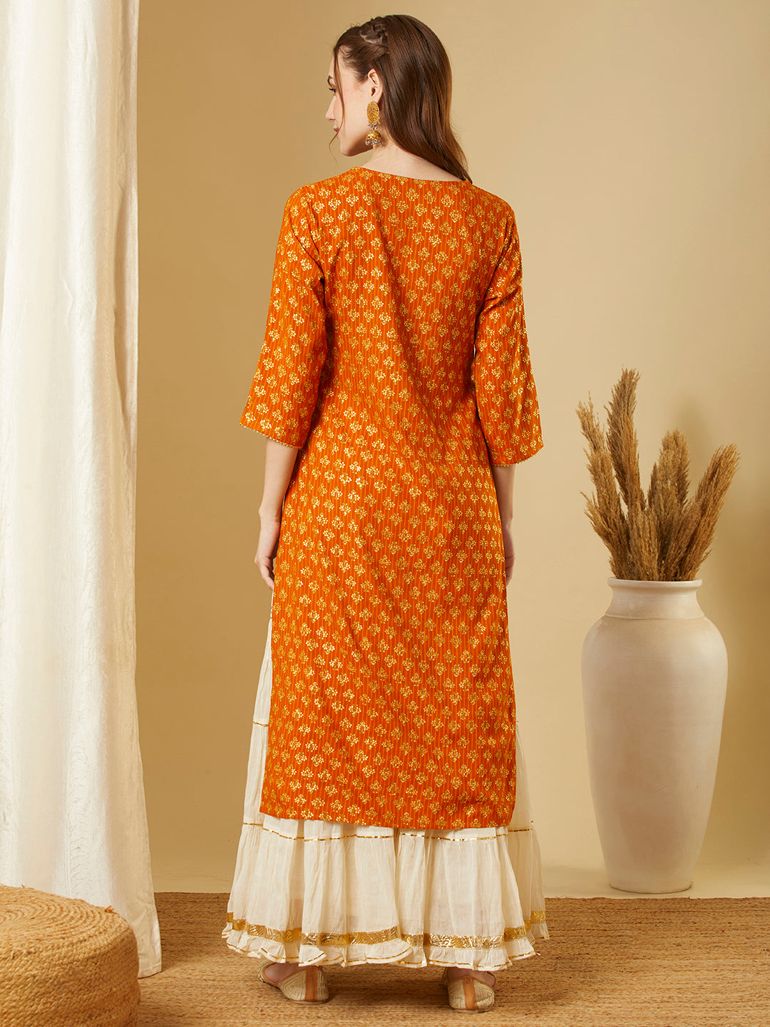 Ethnic Floral Foil Printed & Embroidered Straight Fit Kurta - Mustard