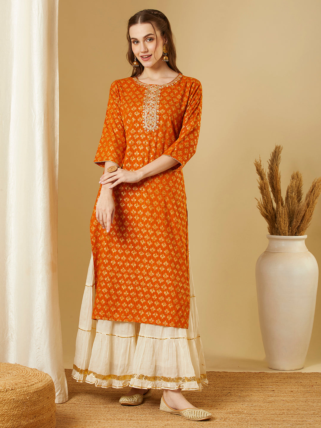 Ethnic Floral Foil Printed & Embroidered Straight Fit Kurta - Mustard