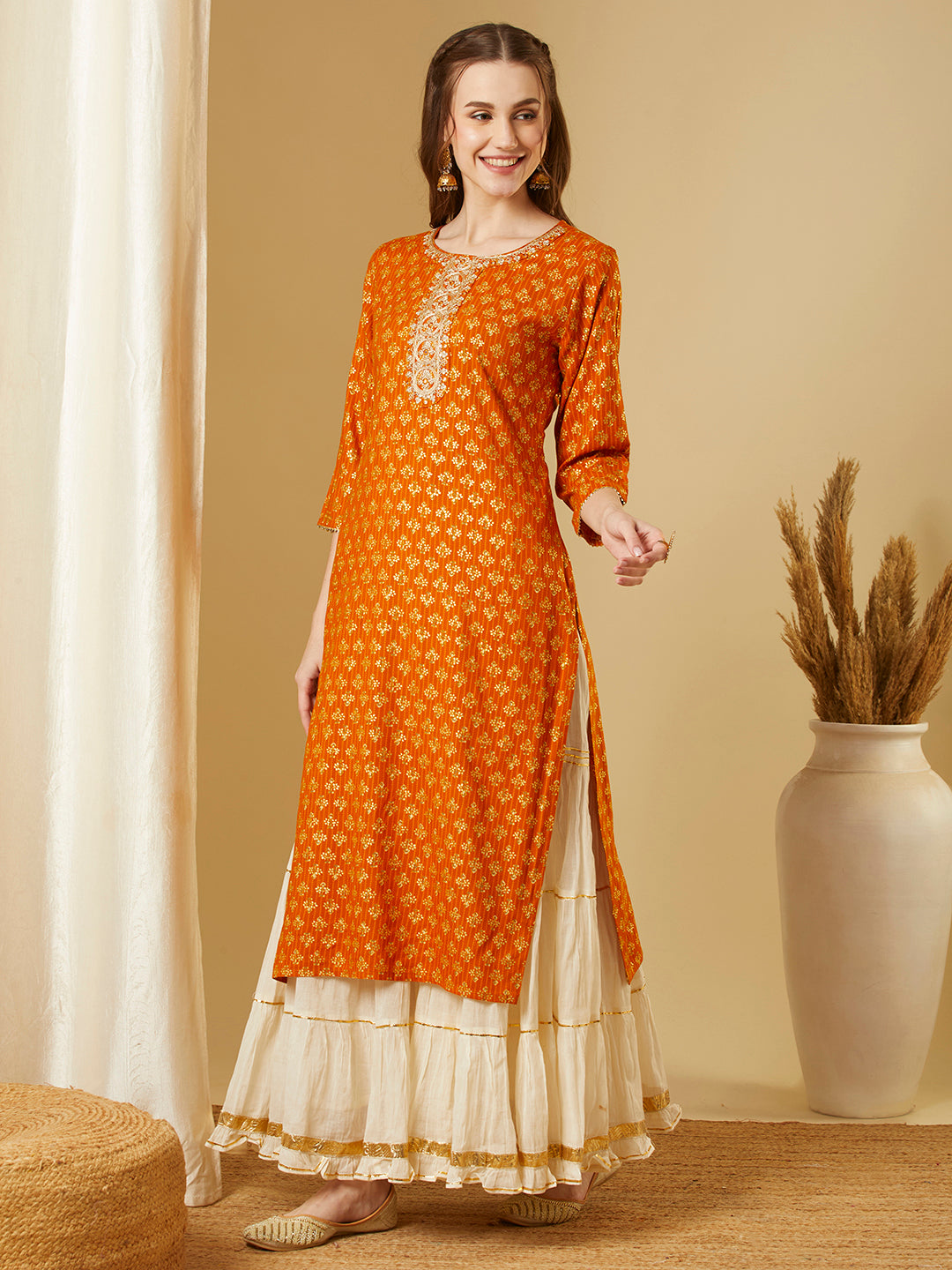 Ethnic Floral Foil Printed & Embroidered Straight Fit Kurta - Mustard