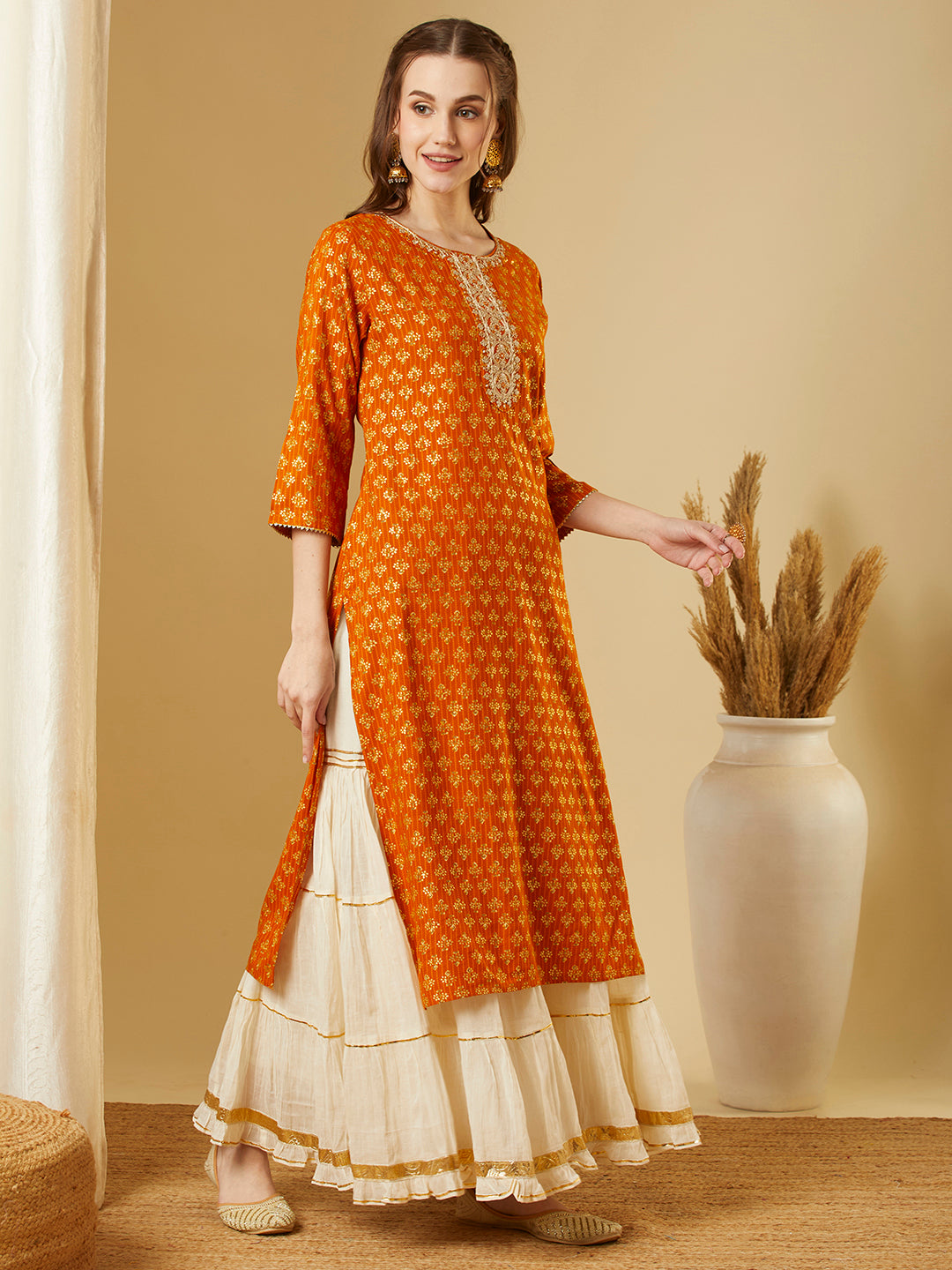 Ethnic Floral Foil Printed & Embroidered Straight Fit Kurta - Mustard