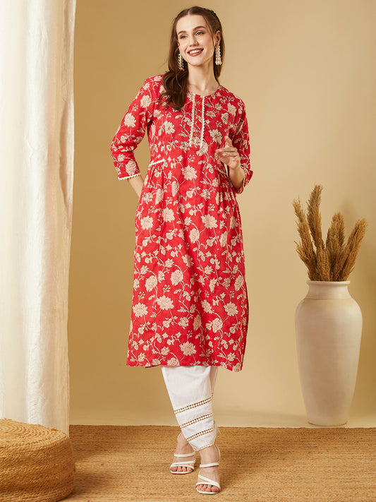 Ethnic Floral Printed & Embroidered Pleated Straight Fit Kurta - Pink