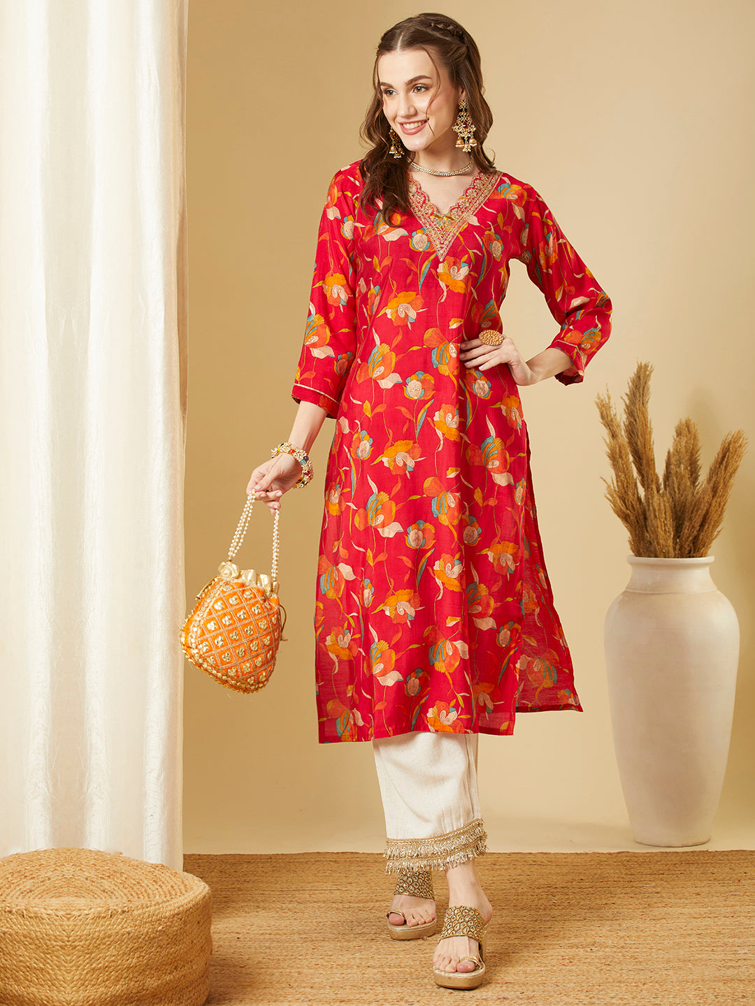 Ethnic Floral Printed & Embroidered Straight Fit Kurta - Red