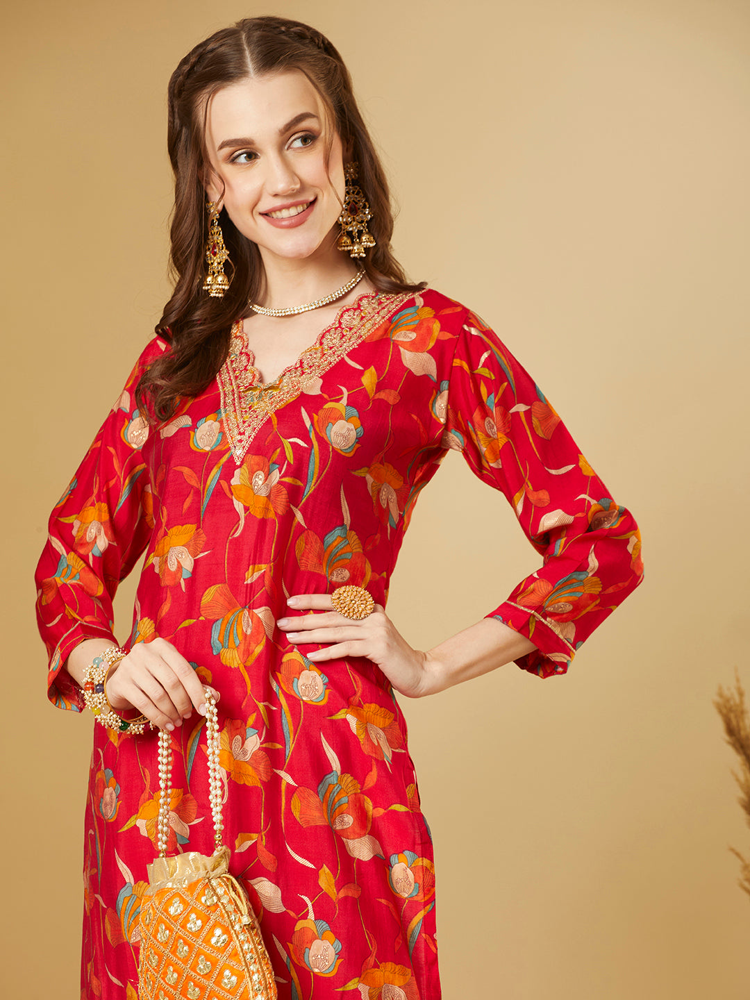 Ethnic Floral Printed & Embroidered Straight Fit Kurta - Red