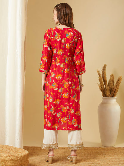 Ethnic Floral Printed & Embroidered Straight Fit Kurta - Red