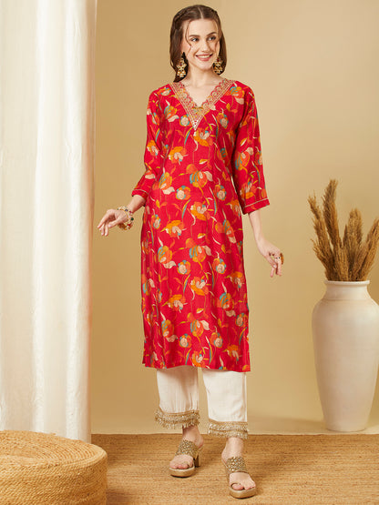 Ethnic Floral Printed & Embroidered Straight Fit Kurta - Red