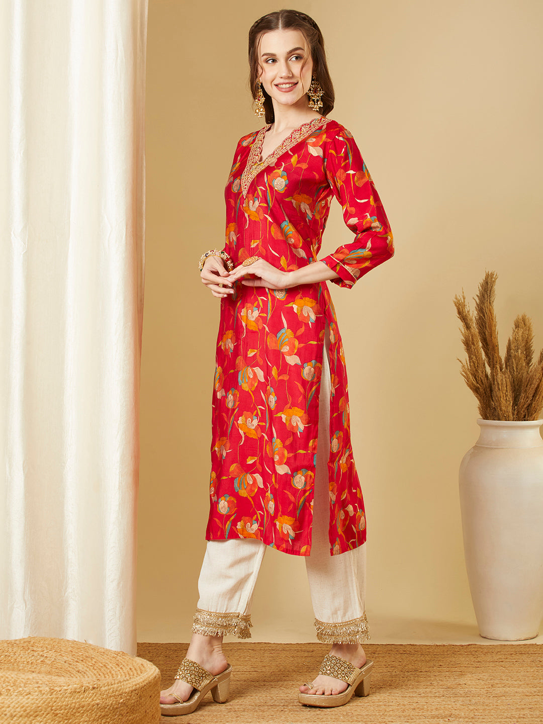 Ethnic Floral Printed & Embroidered Straight Fit Kurta - Red