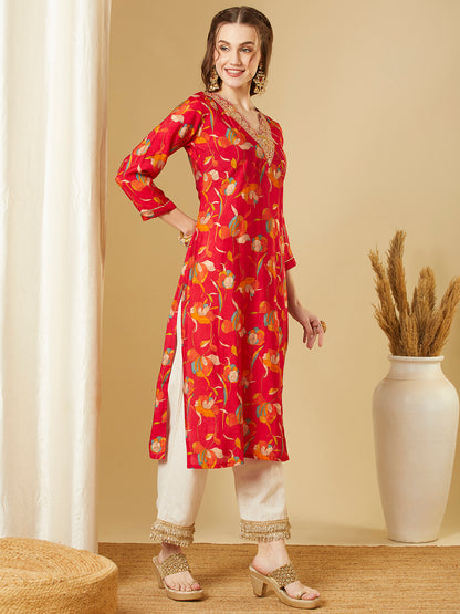 Ethnic Floral Printed & Embroidered Straight Fit Kurta - Red