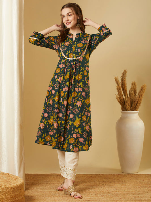 Ethnic Floral Printed A-Line Pleated Flared Kurta - Green